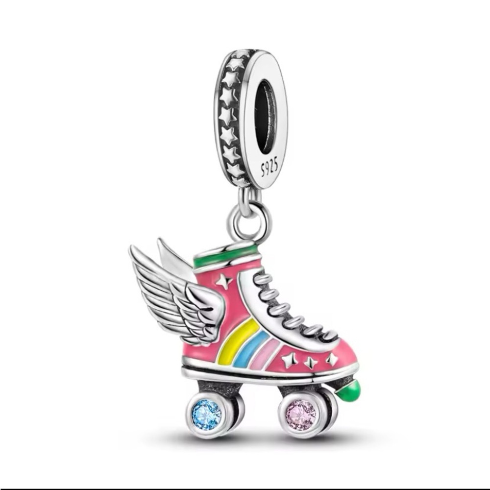 925 Sterling Silver Colorful Roller Skate Charm Pendant with Wings - Picture 9 of 14